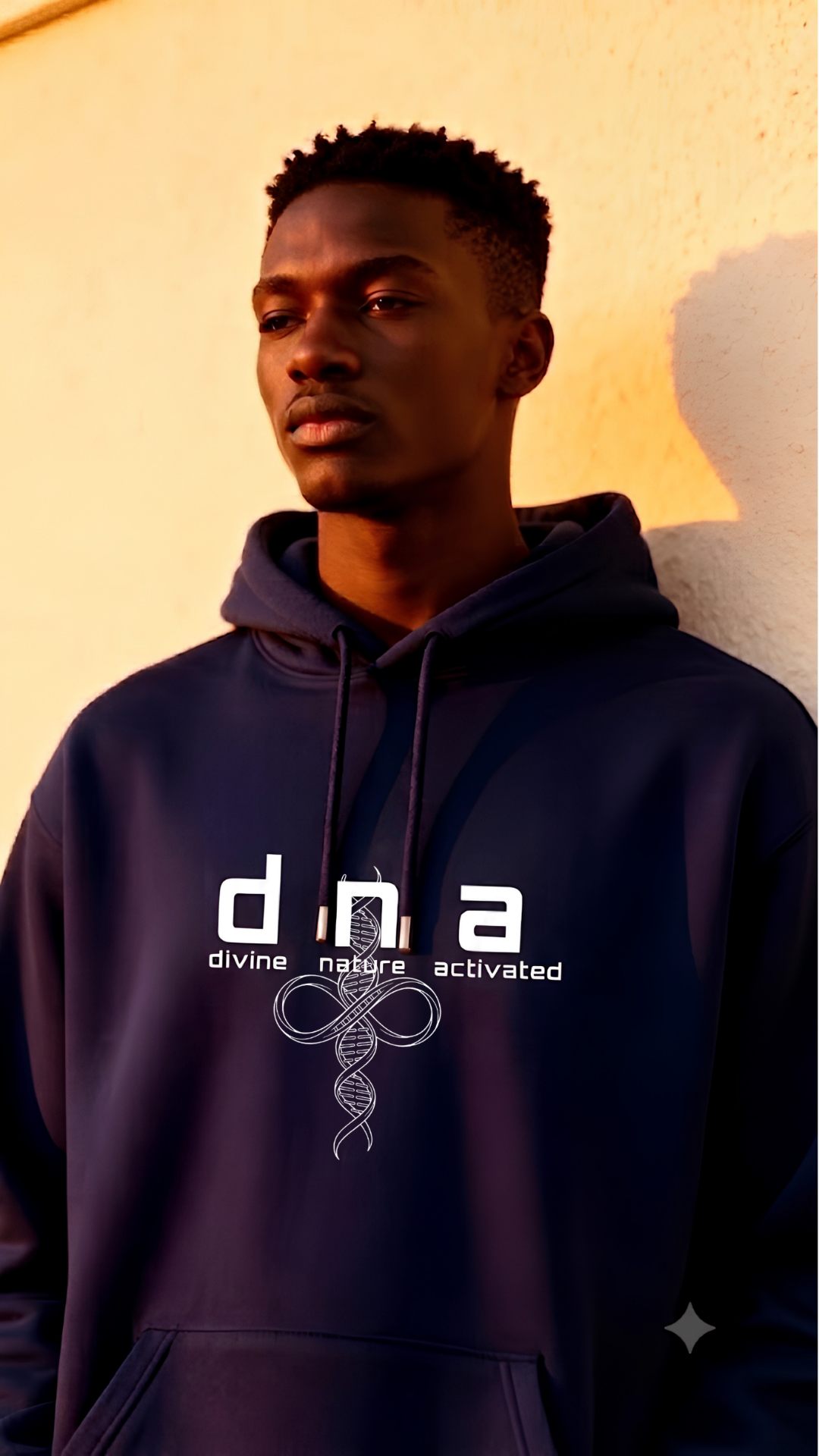 Model wearing the GCG navy cross hoodie