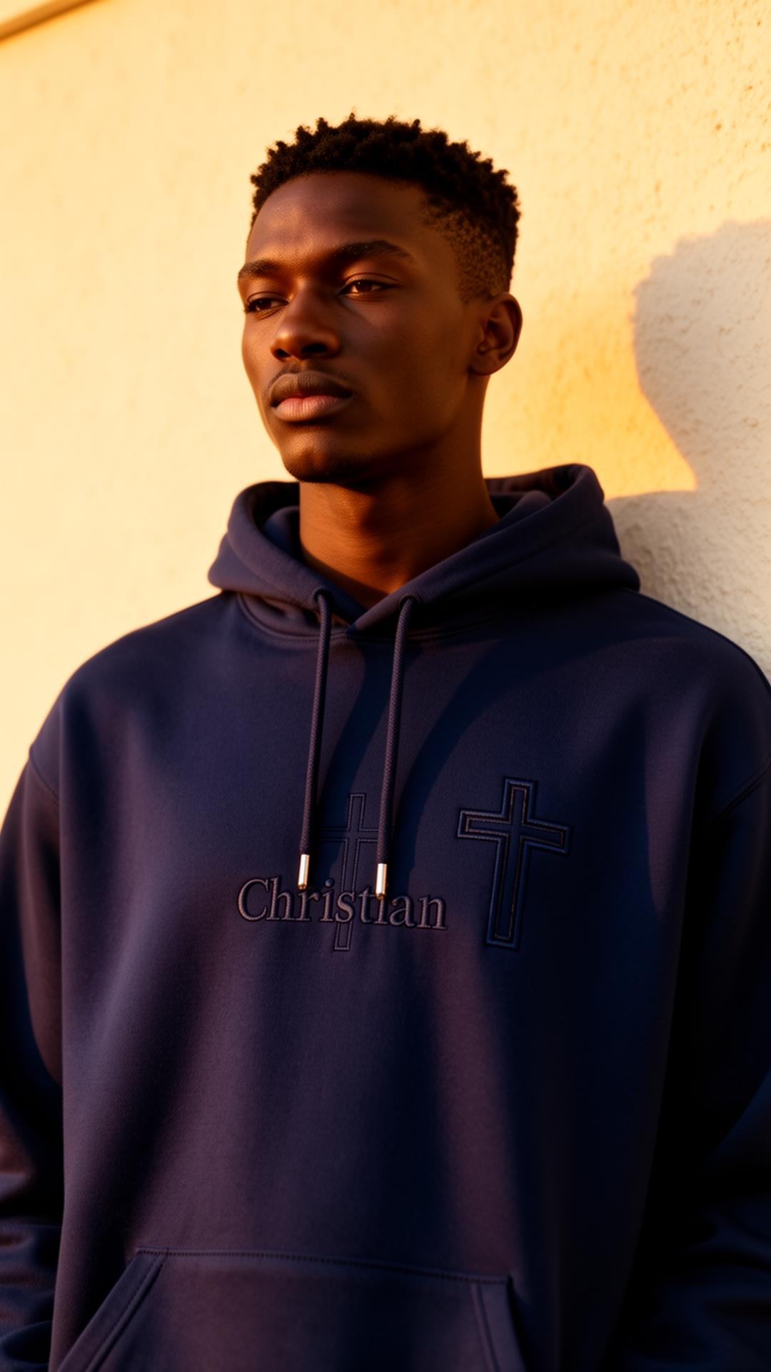 Model wearing the GCG navy cross hoodie